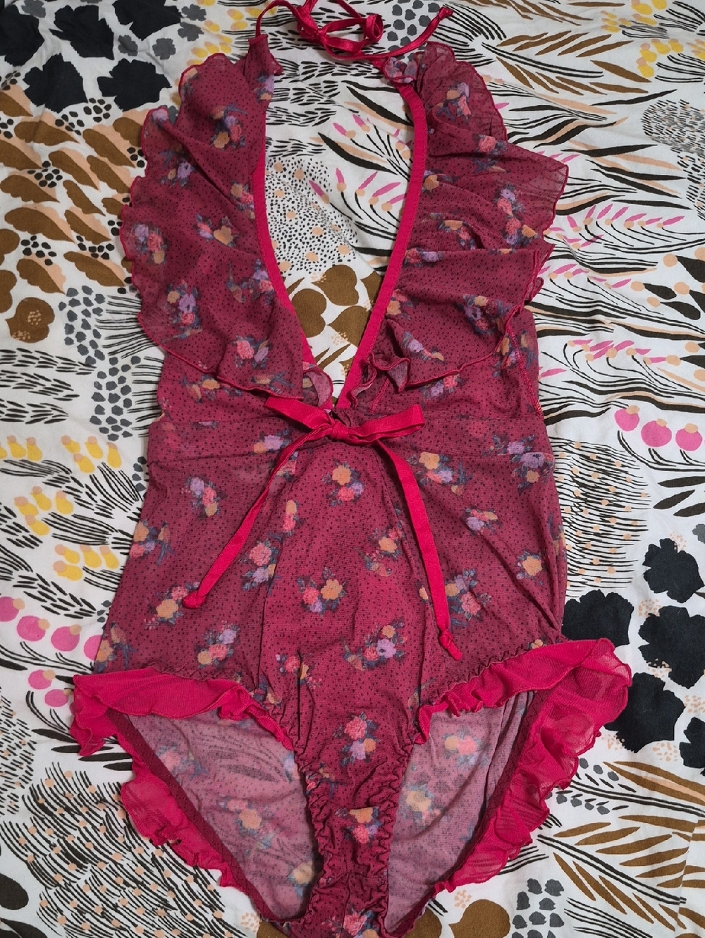 We Are Hah Women's Red Floral Ruffle One-Piece Bodysuit